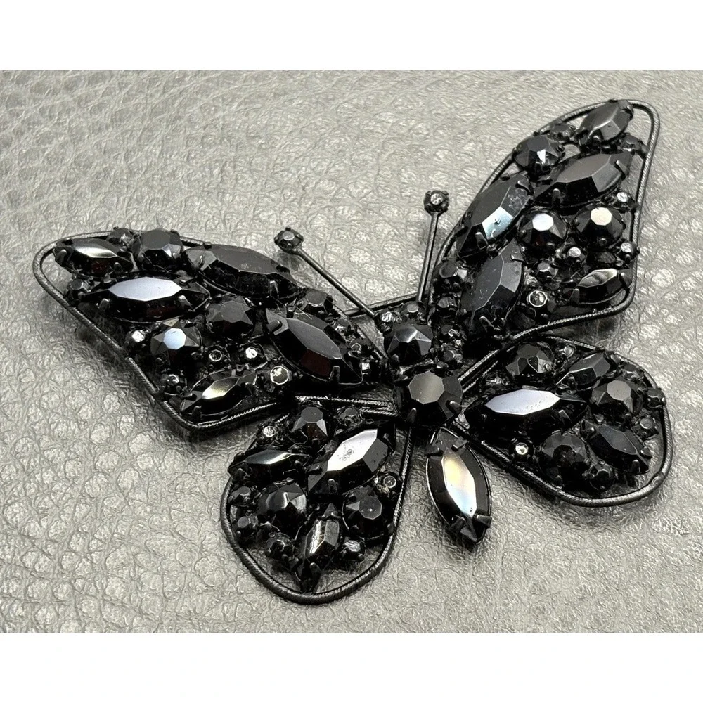 Vintage Large Black Rhinestone Butterfly Japanned Metal Brooch Pin